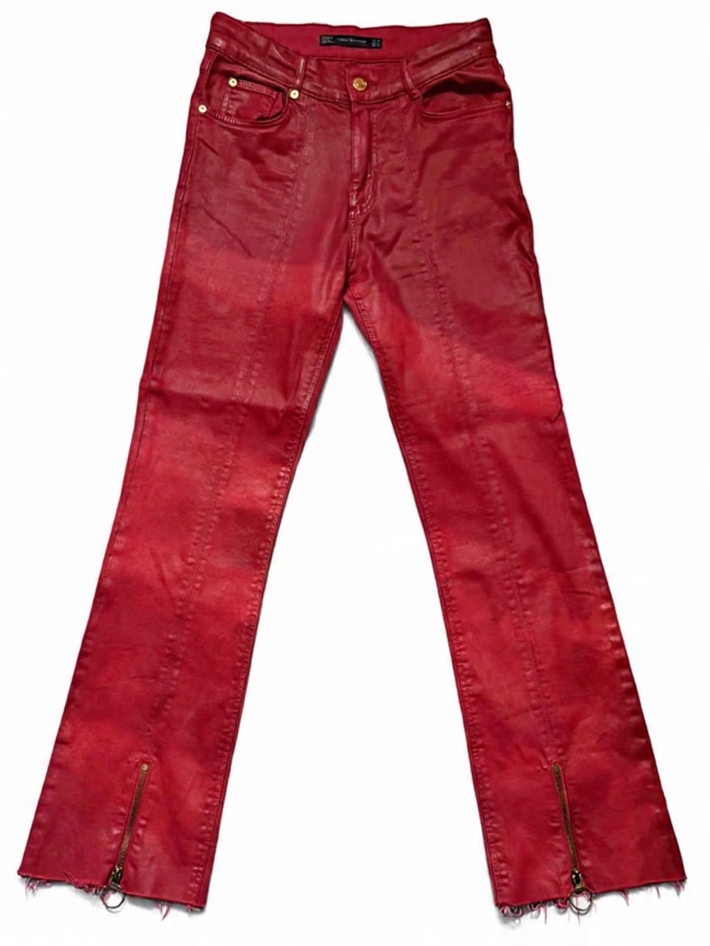 Zara Red Coated Denim Jeans with Gold Button
